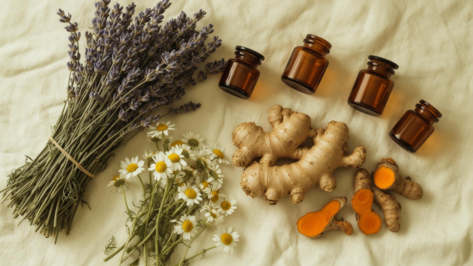 Dried herbs and apothecary jars on linen