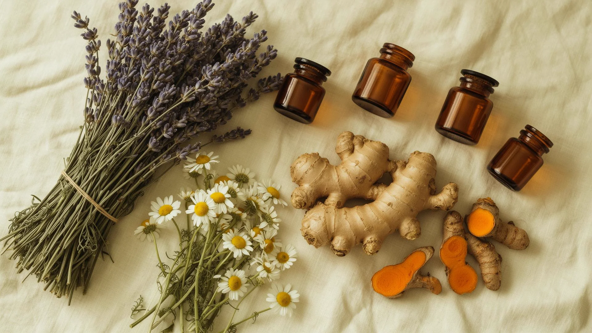 Dried herbs and apothecary jars on linen
